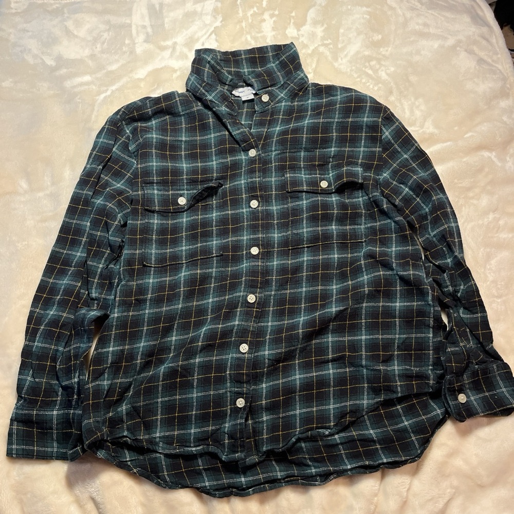 Old Navy Dark Green and Black Plaid Button-Down Shirt